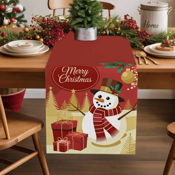 Merry Christmas Snowman Table Runner 13x60in Non-Slip Cotton Linen Table Runners, Xmas Tree Red Gold Theme Dresser Scarves TableRunner for Dinner Kitchen Dining Wedding Party