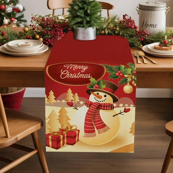 Merry Christmas Snowman Table Runner 14x72in Non-Slip Cotton Linen Table Runners, Vintage Gold Red Dresser Scarves TableRunner for Dinner Kitchen Dining Wedding Party