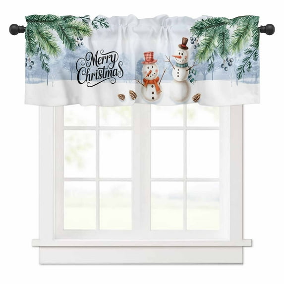 Merry Christmas Snowman Valances for Windows Pine Cone Green Leaf Landscape Rod Pocket Curtain Valance Window Treatment Short Curtains for Kitchen Living Room, 58"x16"