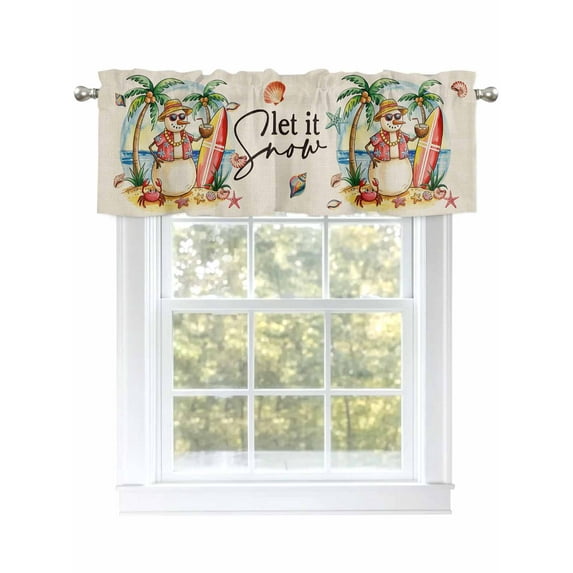 Merry Christmas Snowman Valances for Windows Snow Coconut Tree Shell Beach Retro Rod Pocket Curtains Valance Short Window Treatment Drapes for Living Room, Bedroom Bathroom 54" W x 18" L