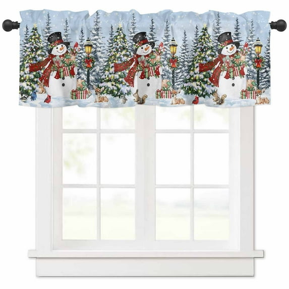 Merry Christmas Snowman Valances for Windows, Xmas Tree Winter Snowflake Deer Animal Light Filtering Window Treatment Valances, Rod Pocket Small Curtains for Kitchen/Bathroom, 42"x12"