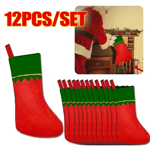 Merry Christmas Socks with Plush Tree Hanging Design for Gift Candy - Large Decorative Socks in 12-Piece Set for Holiday Decor in Green