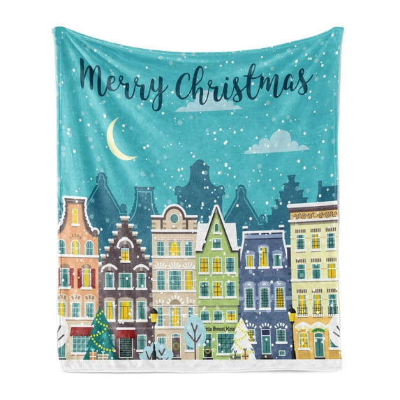 Merry Christmas Soft Flannel Fleece Blanket, Xmas Theme at Winter Landscape in the City Snowing Street Urban Noel Theme, Cozy Plush for Indoor and Outdoor Use, 50" x 60", Multicolor, by Ambesonne