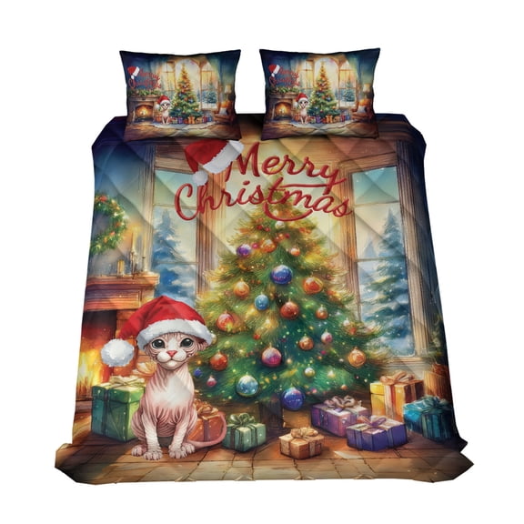 Merry Christmas Sphynx Santa Hat Xmas Tree Winter Holiday Quilt Bedding Set Cat Lover Kitten Owner Gifts Idea 1 Blanket Bed Cover 2 Pillowcases - 01013
