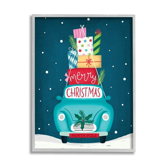 Merry Christmas Stacked Gifts Car Holiday Graphic Art Gray Framed Art Print Wall Art