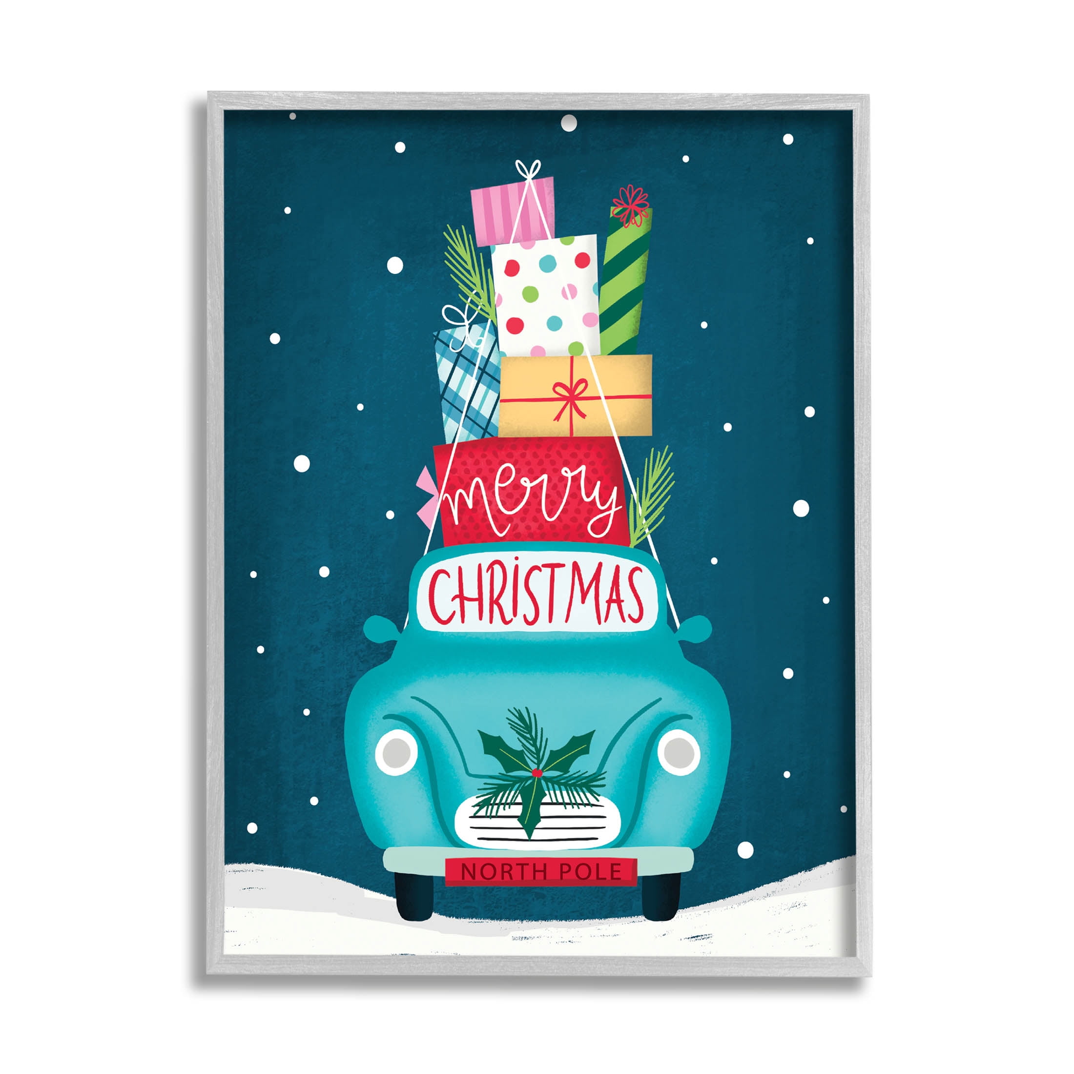 Merry Christmas Stacked Gifts Car Holiday Graphic Art Gray Framed Art Print Wall Art
