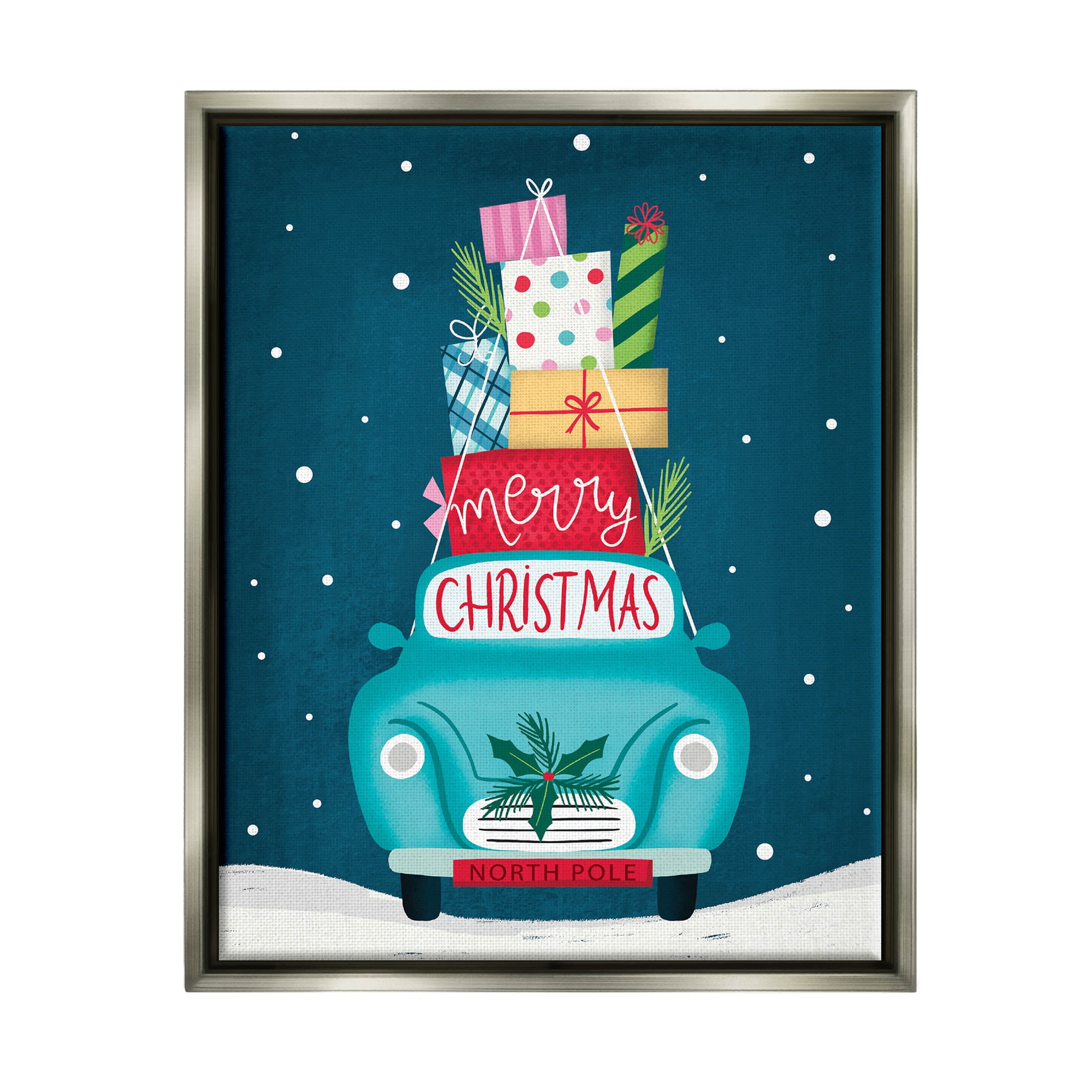 Merry Christmas Stacked Gifts Car Holiday Graphic Art Luster Gray Framed Art Print Wall Art