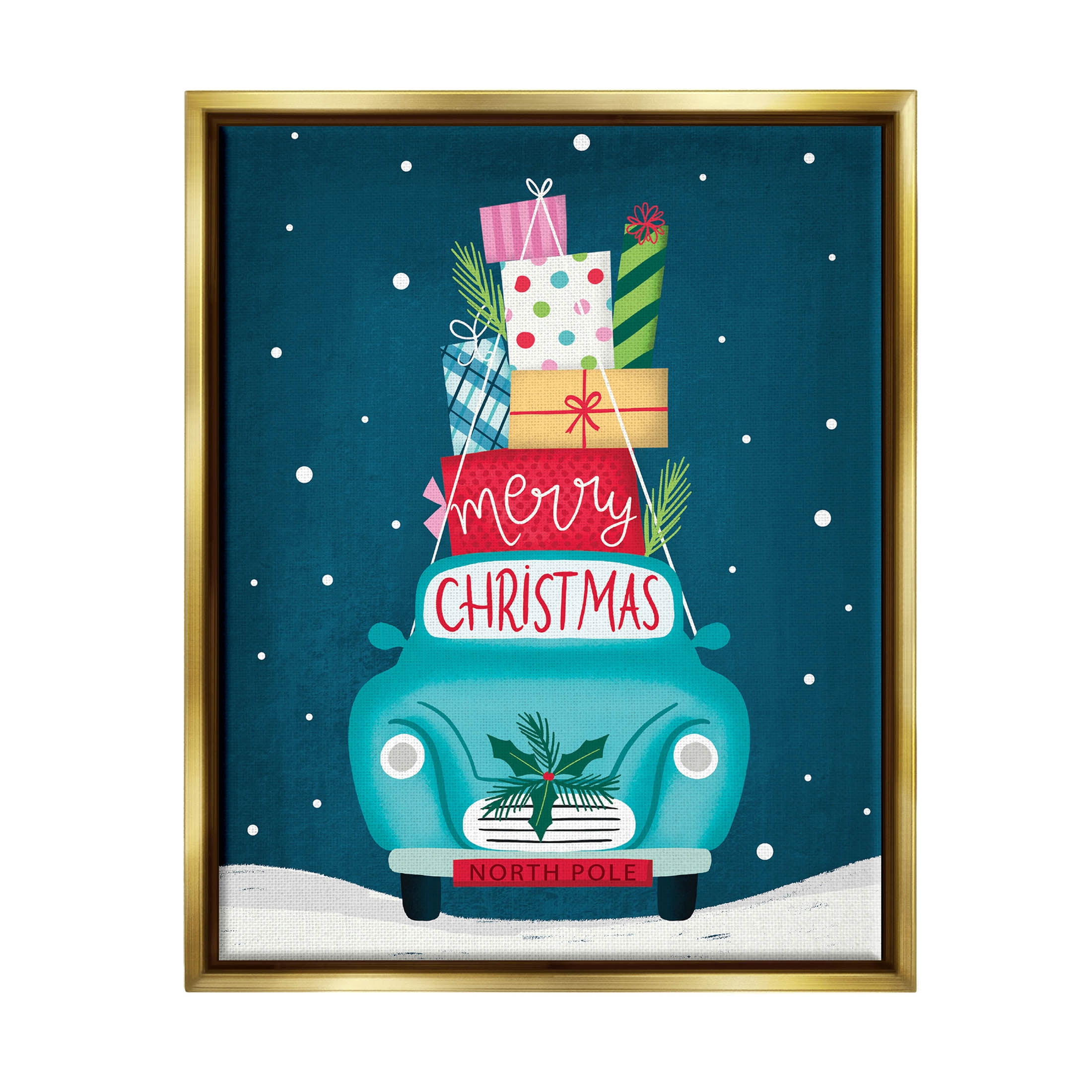 Merry Christmas Stacked Gifts Car Holiday Graphic Art Metallic Gold Framed Art Print Wall Art