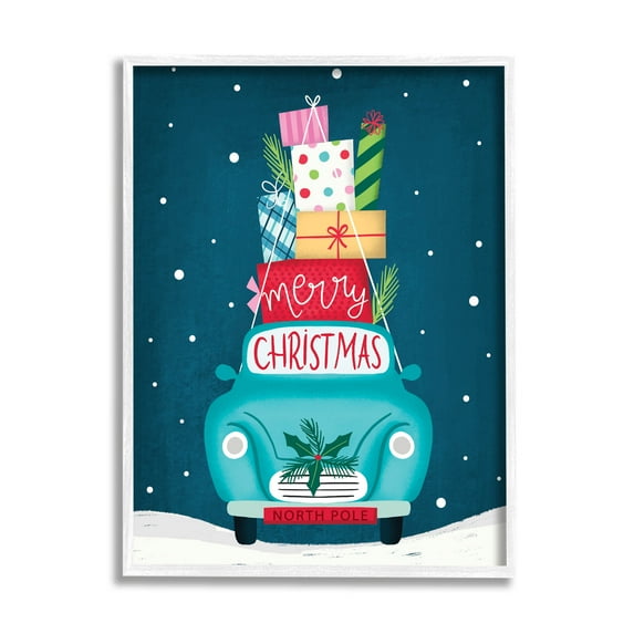 Merry Christmas Stacked Gifts Car Holiday Graphic Art White Framed Art Print Wall Art