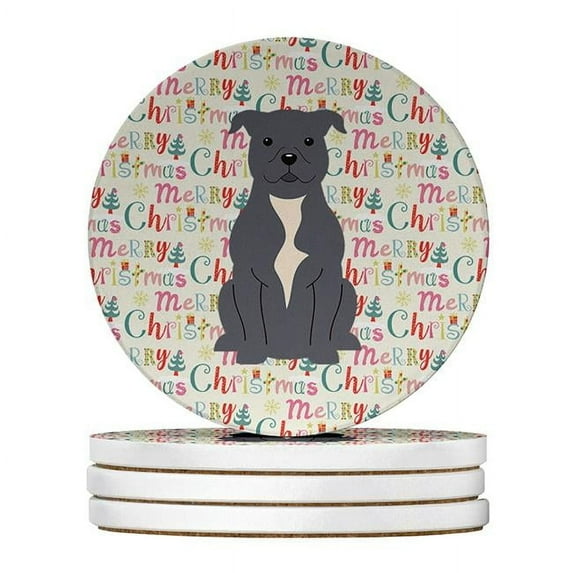 Merry Christmas Staffordshire Bull Terrier Blue Large Sandstone Coasters Pack of 4 4 in x 4 in