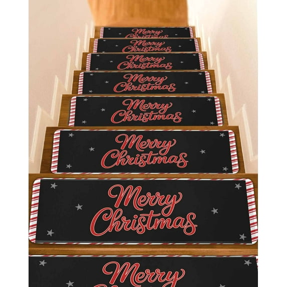 Merry Christmas Stair Treads for Wooden Steps Indoor Runner Rug Carpet, Black Xmas Star Red Stripes Winter 10 Pieces Peel and Stick Staircase Step Treads Covers Washable Throw Door Mats, 30"x8"