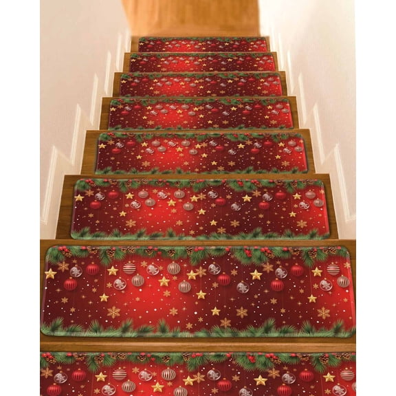 Merry Christmas Stair Treads for Wooden Steps Indoor Runner Rug Carpet, Red Xmas Balls Star Pine Branch Winter 10 Pieces Peel and Stick Staircase Step Treads Covers Washable Throw Door Mats, 30"x8"