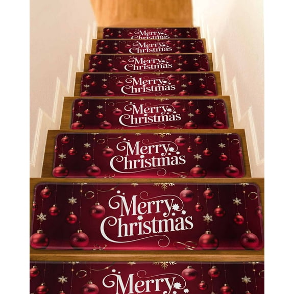 Merry Christmas Stair Treads for Wooden Steps Indoor Runner Rug Carpet, Retro Red Ball Xmas Snowflakes New Year 4 Pieces Peel and Stick Staircase Step Treads Covers Washable Throw Door Mats, 30"x8"