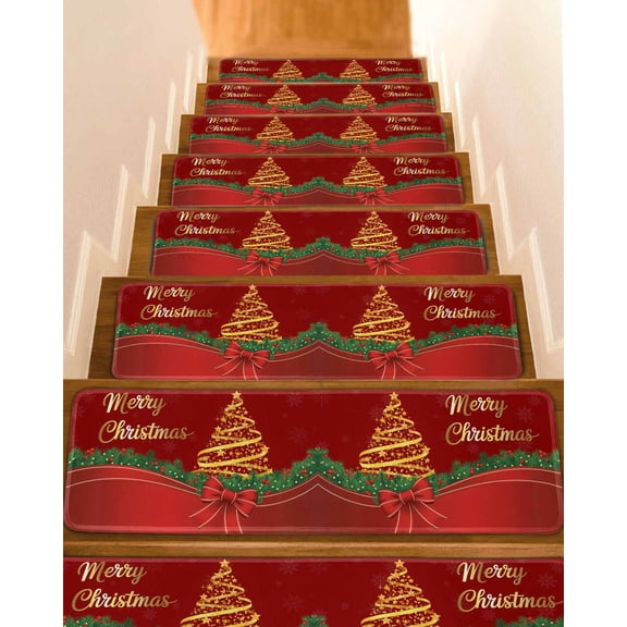Merry Christmas Stair Treads for Wooden Steps Indoor Runner Rug Carpet, Xmas Pine Tree Branch Red Bow New Year 15 Pieces Peel and Stick Staircase Step Treads Covers Washable Throw Door Mats, 30"x8"