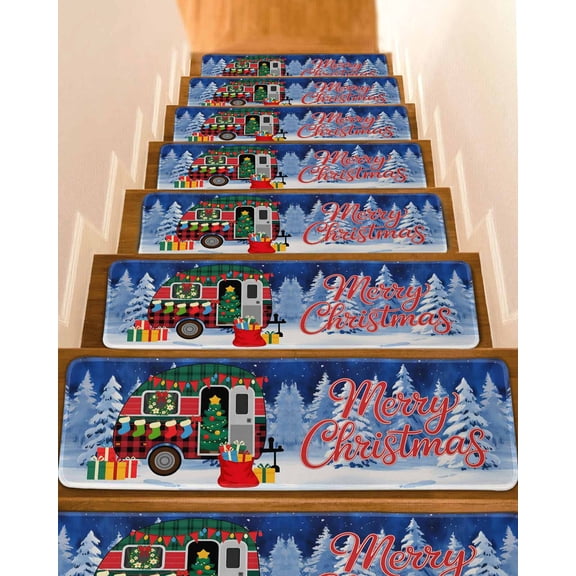 Merry Christmas Stair Treads for Wooden Steps Indoor Runner Rug Carpet, Xmas Tree Camper Van Winter Gifts 7 Pieces Peel and Stick Staircase Step Treads Covers Washable Throw Door Mats, 30"x8"