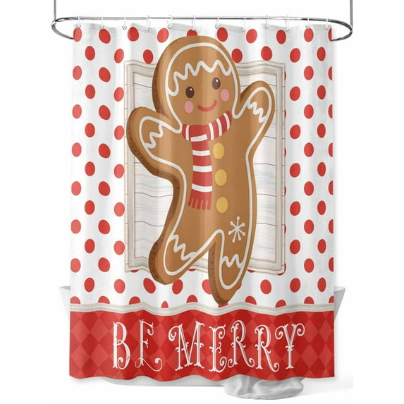 Merry Christmas Standard Shower Curtain Set, Waterproof Shower Curtains for Bathroom, Xmas Gingerbread Red Polka Dots Winter Washable Fabric Cloth Bath Curtain for Bathtub with Hooks 72x72 Inches