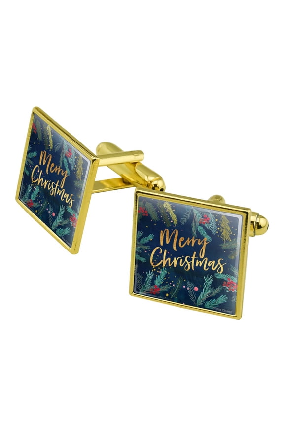 Merry Christmas Stars Pine Needles Square Cufflink Set - Silver or Gold