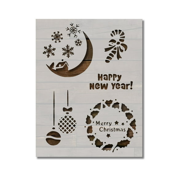 Merry Christmas Stencil Candy Cane Snowflakes Happy New Year Template Reusable 8.5 x 11 for Painting on Walls, Wood, Etc. By Stencilville