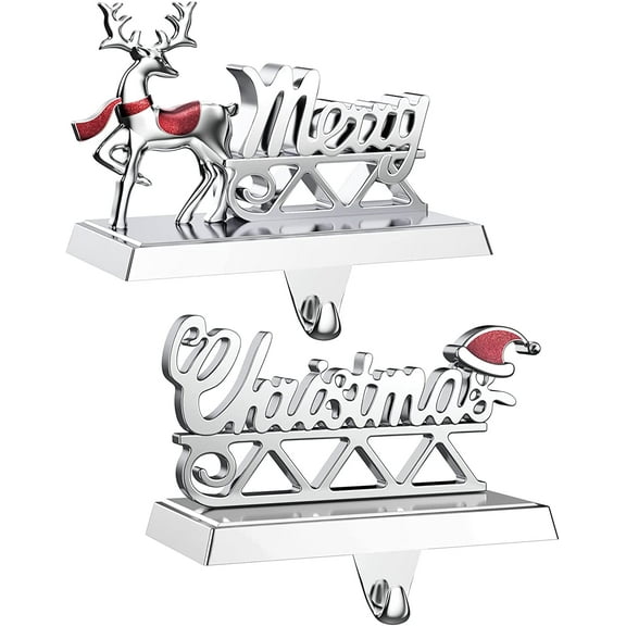 Merry Christmas Stocking Holders Set of 2 - Christmas Reindeer Mantle Stocking Hangers -Stocking Holders for Mantle- Weighted Shiny Silver Metal Deer Home Holiday Dcor
