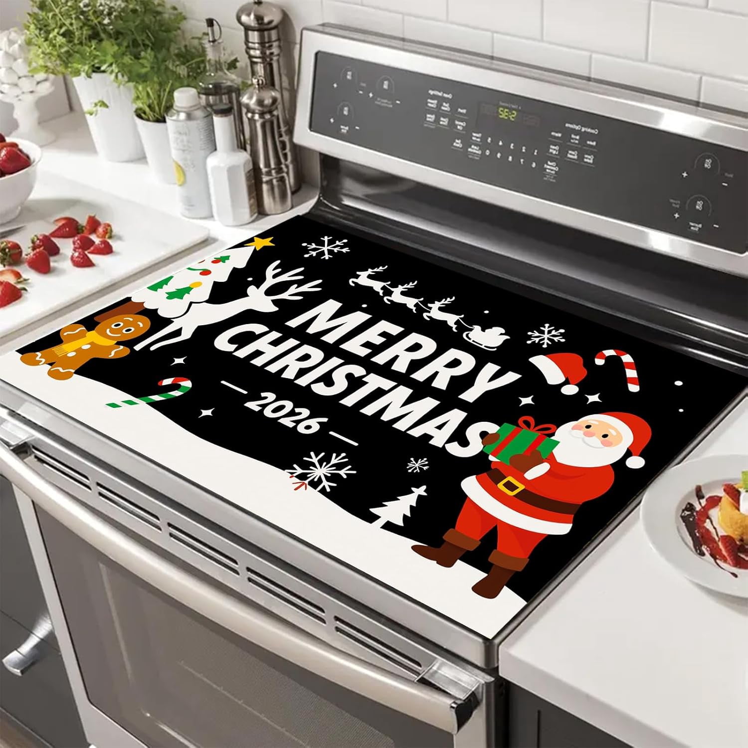 Merry Christmas Stove Top Cover 28x20 Inch Black Background Santa Claus Reindeer Gingerbread Man Silicone Glass Top Protector Kitchen Counter Mat Holiday Decoration