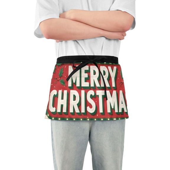 Merry Christmas Stripes Lights Holly Leaves Short Server Apron with 3 Pockets for Unisex Chef Gardening