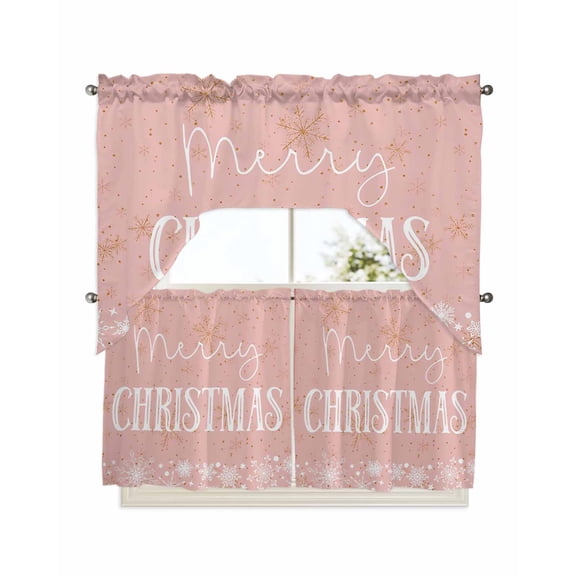 Merry Christmas, Swag Valance and Tier Curtains 24'' Length Set, Blush Pink Gold Winter Snowflake Light Filtering Kitchen Curtains, Tier Curtain Valances for Bathroom/Living Room/Bedroom/Café