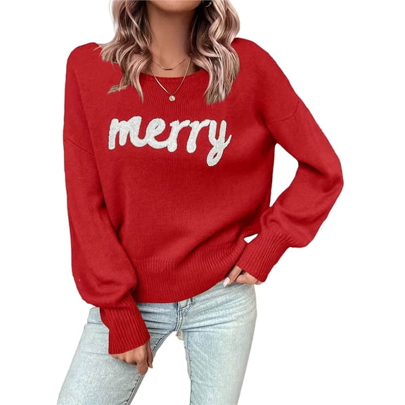 Merry Christmas Sweater for Women, Furry Pattern Xmas Sweatshirt Loose Pullover Tops Knit O Neck Long Sleeves Red M