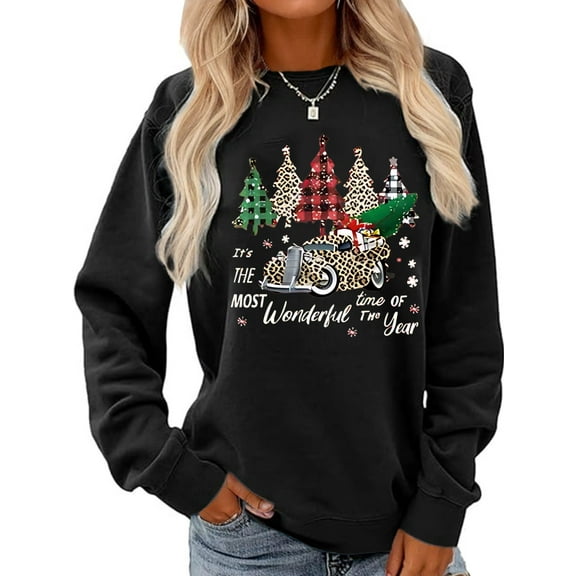 Merry Christmas Sweatshirt Christmas Tree and Truck Graphic Casual Long Sleeve Shirt for Women
