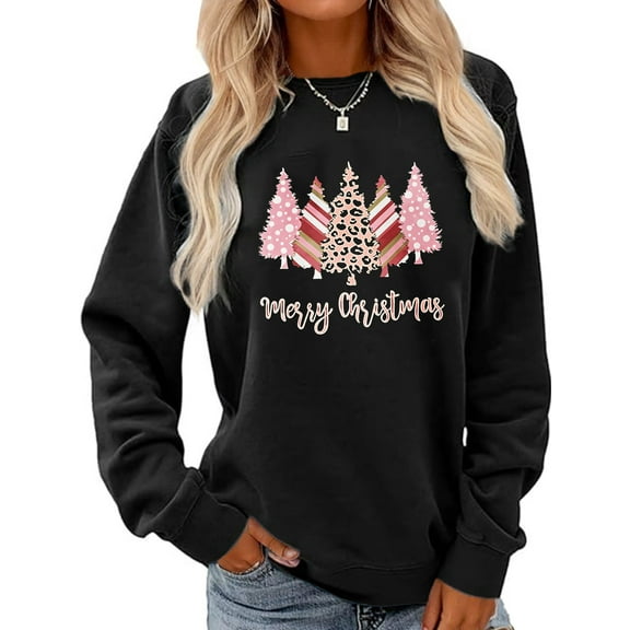 Merry Christmas Sweatshirt Christmas Trees Print Long Sleeve Shirt for Women