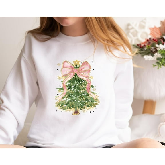 Merry Christmas Sweatshirt, Cute Christmas Tree Sweater, Pink Watercolor Christmas Tree Shirt, Women's Holiday Shirt, Family Christmas Shirt