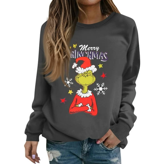 Merry Christmas Sweatshirt Funny Funny Christmas Tree Xmas Cute Graphic Long Sleeve Pullover Dark Gray Large