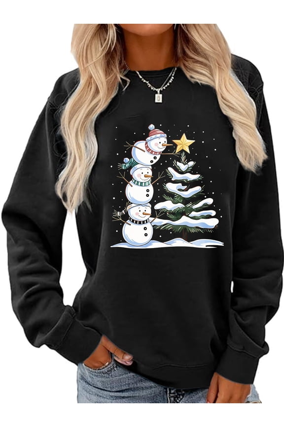 Merry Christmas Sweatshirt Snowman Christmas Tree Graphic Casual Long Sleeve Shirt for Women