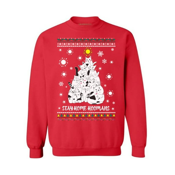 Merry Christmas Sweatshirt Stay Home Crewneck Sweatshirt for Him Cat Christmas Tree Kitty Sweater Merry Christmas Top for Men New Year Sweater for Women Stay Home Hoomans Merry Xmas Gifts for Her
