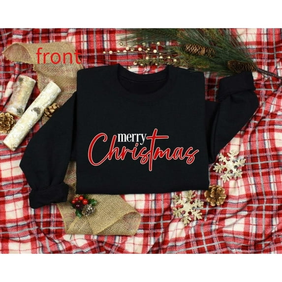 Merry Christmas Sweatshirt Tops Festive Script Holiday Design Comfortable Round-neck long-sleeved Black S-3XL