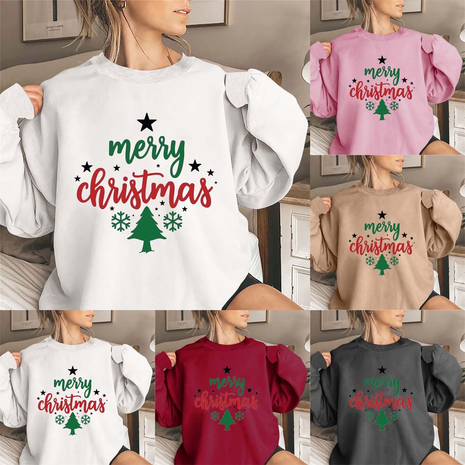 Merry Christmas Sweatshirt for Women Xmas Santa Graphic Oversized Ugly Christmas Sweatshirt Womens Crewneck Solid Color Fashion Long Sleeve Tops White qILAKOG Size XL Walmart