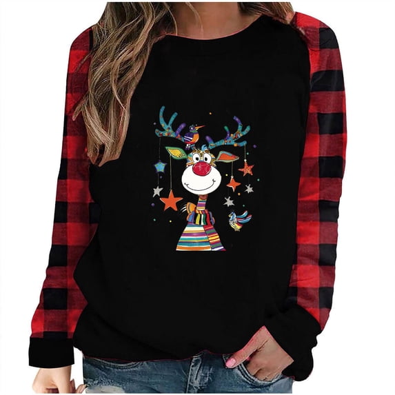 Merry Christmas Sweatshirt Womens Funny Xmas Elk Printed Plaid Raglan Long Sleeve Pullover Sweater Festivel Costume