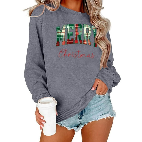 Merry Christmas Sweatshirt for Women Plaid Holiday Long Sleeve Xmas Tree Print Pullover Lightweight Shirt