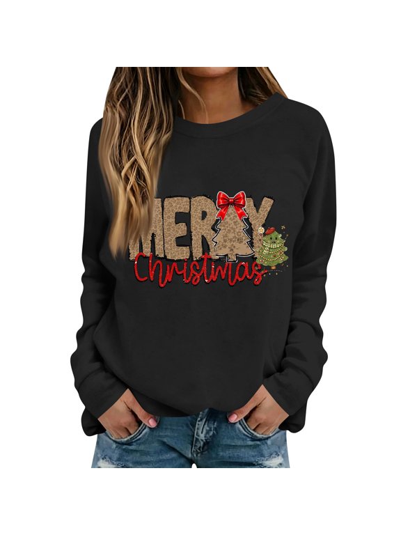 Merry Christmas Sweatshirt for Women, Santa Hat Gift Box Tree Graphic Crew Neck Pullover, Holiday Long Sleeve Casual Top