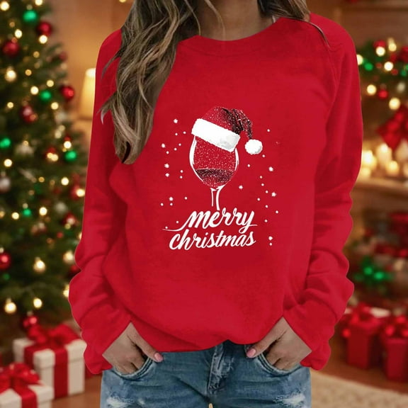 Merry Christmas Sweatshirts for Women Crewneck Christmas Printed Shirts Loose Long Sleeve Blouses Casual Xmas Sweatshirt Holiday Party Pullover Sweater Tops