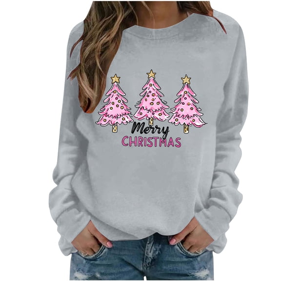Merry Christmas Sweatshirts for Women Fleece Xmas Tree Printed Shirts Round Neck Long Sleeve Pullover Tops Winter Warm Hoodies Lightweight Casual Sweater Holiday Gift