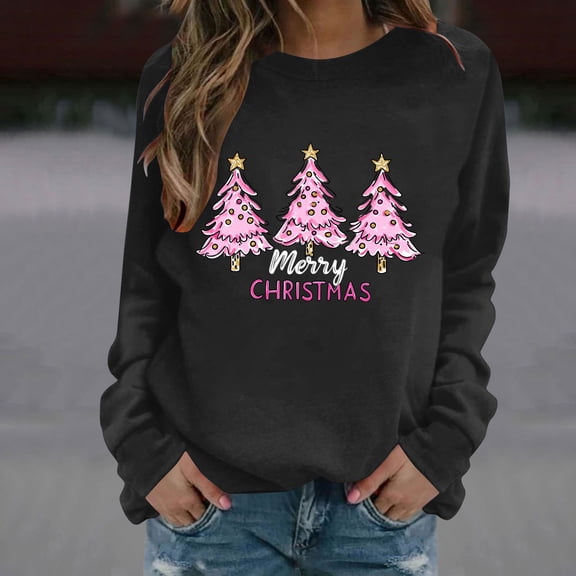 Merry Christmas Sweatshirts for Women Fleece Xmas Tree Printed Shirts Round Neck Long Sleeve Pullover Tops Winter Warm Hoodies Lightweight Casual Sweater Holiday Gift
