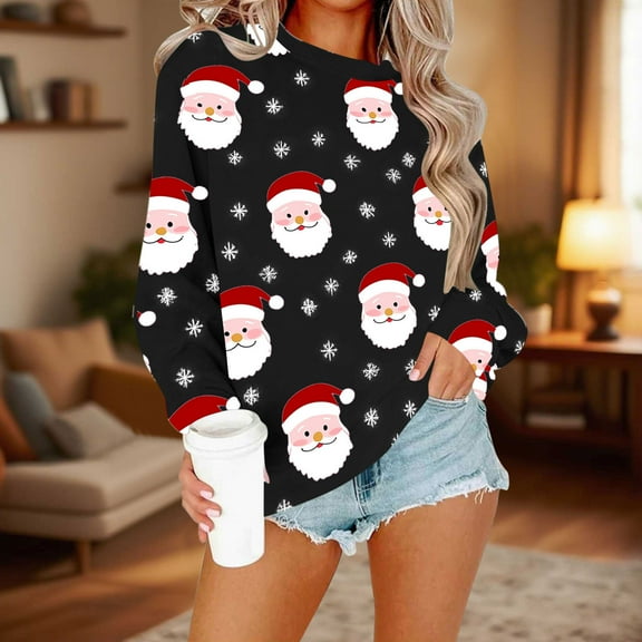 Merry Christmas Sweatshirts for Womens Crewneck Christmas Printed Shirts Loose Long Sleeve Blouses Casual Xmas Sweatshirt Holiday Party Pullover Sweater Tops
