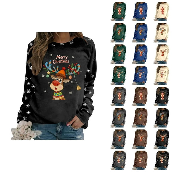 Merry Christmas Sweatshirts for Women 2025 Long Sleeve Crewneck Cute Reindeer Graphic Sweatshirt Pullover Tops