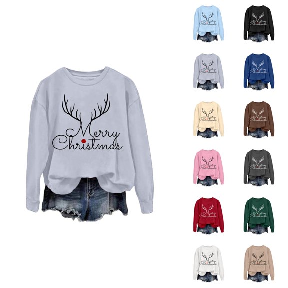 Merry Christmas Sweatshirts for Women 2025 Long Sleeve Crewneck Reindeer Graphic Sweatshirt Pullover Tops