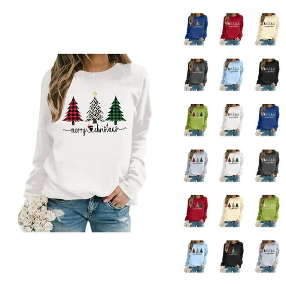 Merry Christmas Sweatshirts for Women 2025 Long Sleeve Crewneck Xmas Tree Graphic Sweatshirt Pullover Tops