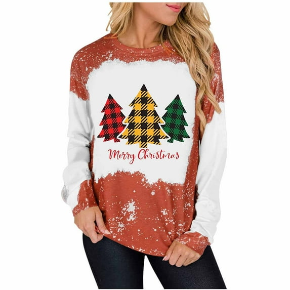 Merry Christmas Sweatshirts for Women Crewneck Long Sleeve Tie Dye Printed T Shirts Casual Comfy Holiday Blouse Pullover
