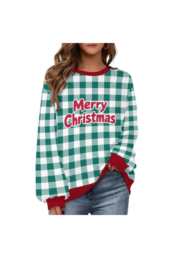 Merry Christmas Sweatshirts for Women Teen Girls Plaid Print Cotton Fleece Sweater Tops Soft Warm Festive Clothes (M, Green)