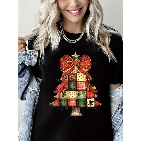 Merry Christmas T-Shirt Christmas Tree Gift Graphic Short Sleeve Shirt for Women