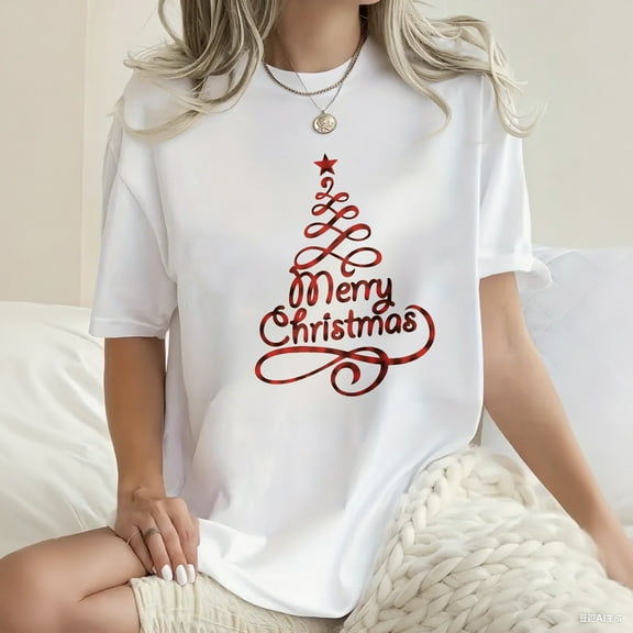 Merry Christmas T-Shirt Christmas Tree Graphic Short Sleeve Shirt for Women
