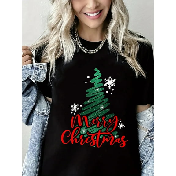 Merry Christmas T-Shirt Christmas Tree Graphic Short Sleeve Shirt for Women